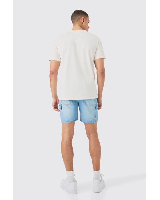 BoohooMAN Slim Rigid Cargo Denim Shorts In Light Blue for men