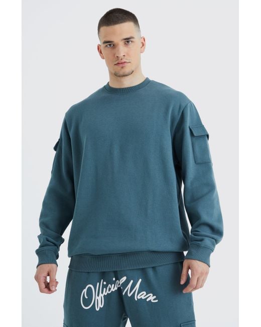 BoohooMAN Blue Tall Cargo Pocket Crotch Sweatshirt Tracksuit for men