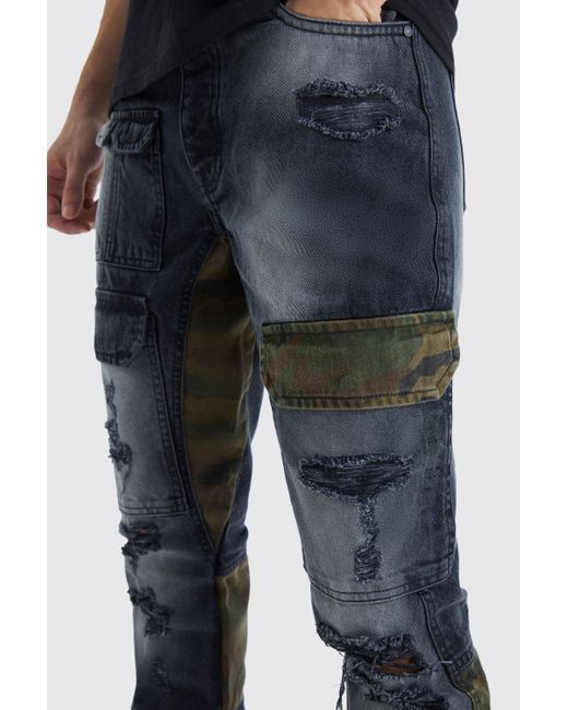 BoohooMAN Blue Tall Slim Rigid Flare Camo Repair Cargo Jeans for men