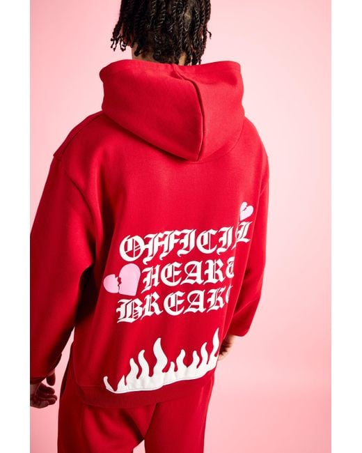 BoohooMAN Red Oversized Boxy Heart Breaker Puff Print Hoodie for men