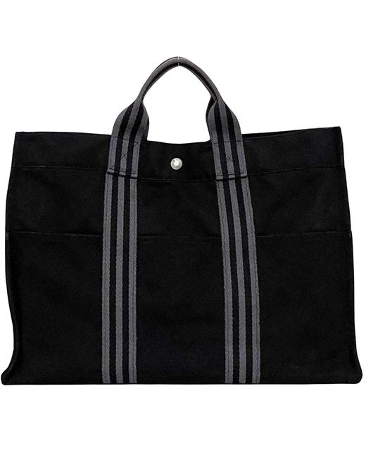 BoohooMAN Hermes Preloved Canvas Tote Bag Black With Gray Stripes Unisex for men