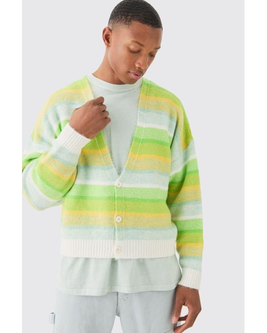 BoohooMAN Boxy Brushed Striped Cardigan In Green for men