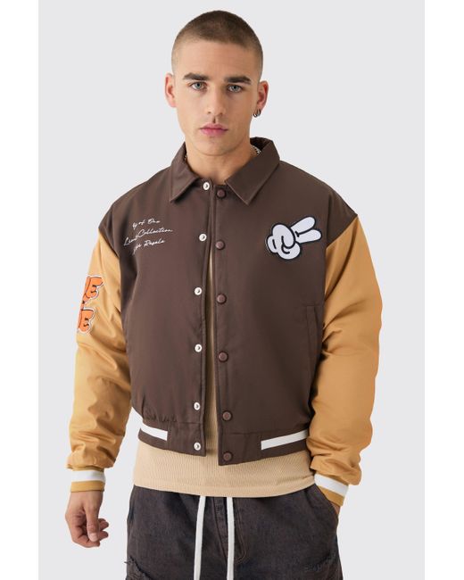 BoohooMAN Boxy Twill Embroidered Collared Varsity Jacket In Brown for men
