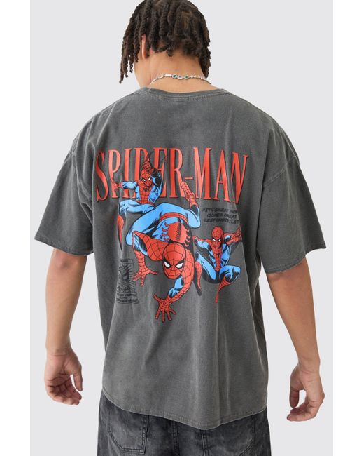 BoohooMAN Gray Oversized Marvel Spiderman Wash License T-shirt for men