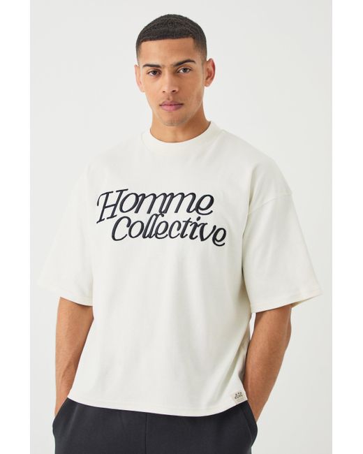 BoohooMAN White Oversized Boxy Heavyweight Embroidered T-shirt for men