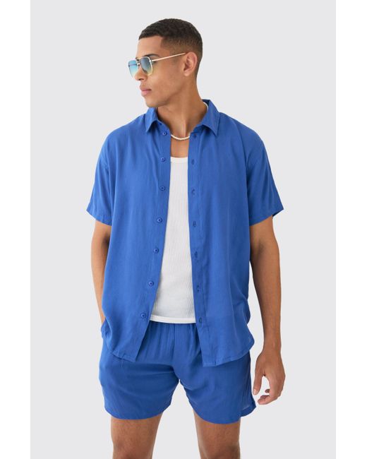 BoohooMAN Blue Oversized Short Sleeve Cheese Cloth Shirt And Short Set for men