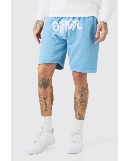 BoohooMAN Blue Tall Loose Fit Overdye Official Graffiti Jersey Shorts for men