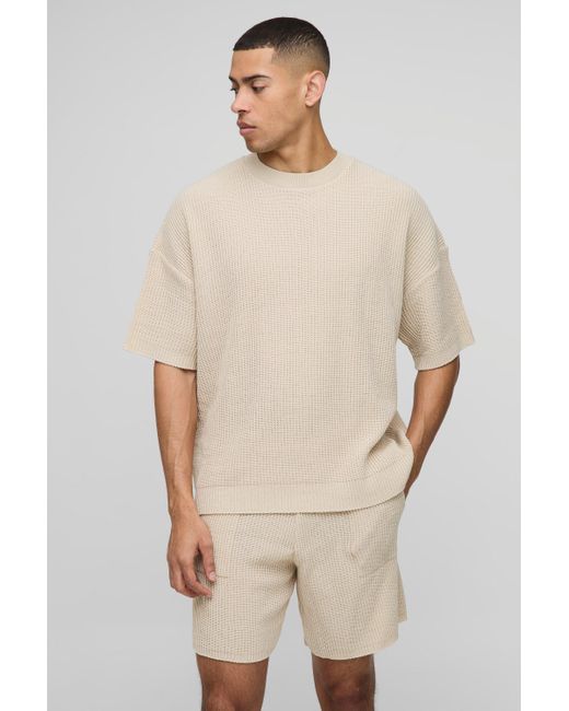 Conjunto De Pantalón Corto Y Camiseta Recta De Punto Y Canalé Boohoo de color Natural