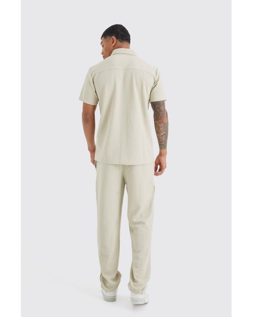 BoohooMAN White Short Sleeve Jersey Herringbone Shirt And Trouser Set for men