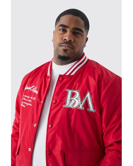 BoohooMAN Red Plus Nylon Varsity Jacket With Badges for men