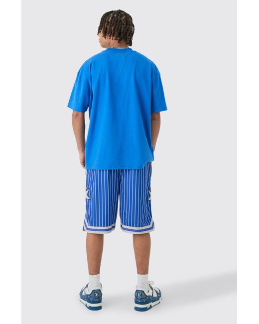 BoohooMAN Blue Loose Fit Basketball Stripe Mesh Shorts for men