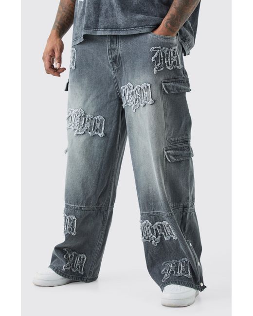 Boohoo Blue Plus Baggy Rigid Bm Applique Multi Pocket Cargo Jeans
