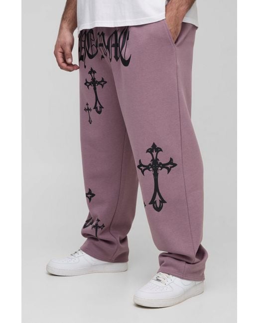 BoohooMAN Pink Plus Homme Cross Print Oversized Sweatpants for men