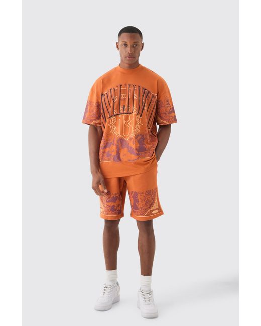 BoohooMAN Orange Oversized Extended Neck Worldwide Graphic T-shirt & Shorts Set for men