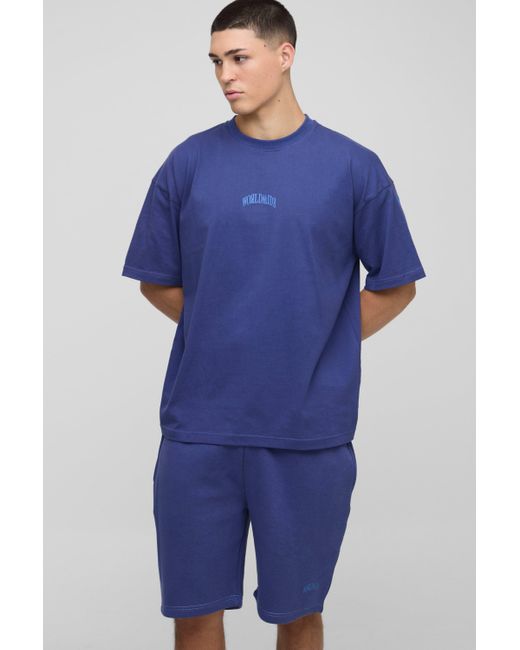 BoohooMAN Blue Oversized Worldwide Over Seam Print T-shirt & Short Set for men