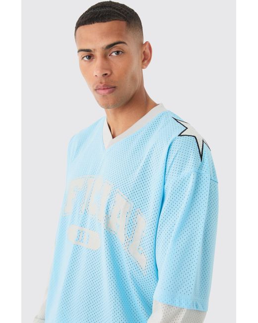 BoohooMAN Blue Oversized Boxy Official Layered Mesh Top for men