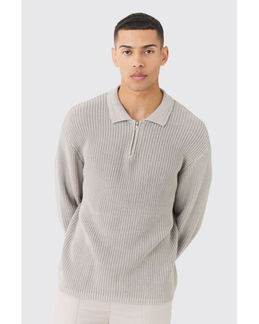 BoohooMAN Gray Regular Fit 1/4 Zip Funnel Fisherman Knit Sweater for men