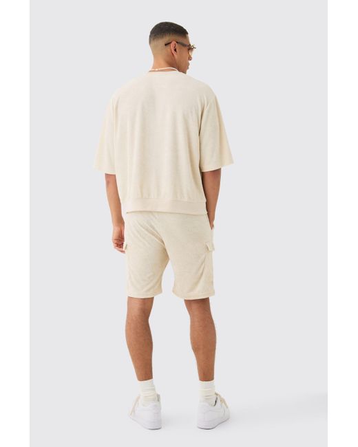 Boohoo Natural Loose Fit Mid Towelling Cargo Shorts