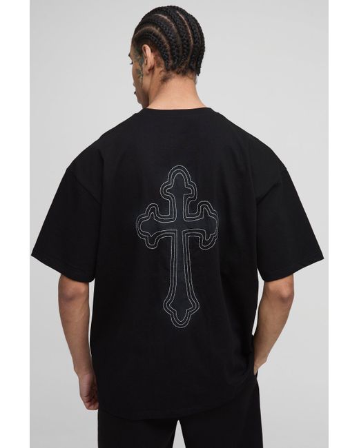 BoohooMAN Black Oversized Cross Embroidered T-shirt for men