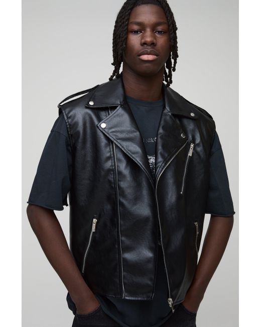 BoohooMAN Black Regular Fit Sleeveless Biker Jacket Pu for men