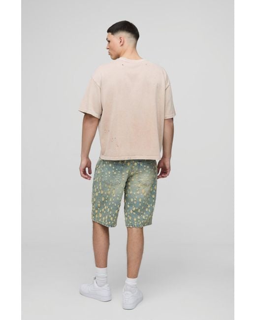 BoohooMAN Green Relaxed Long Length Tinted Ripped Jean Shorts for men