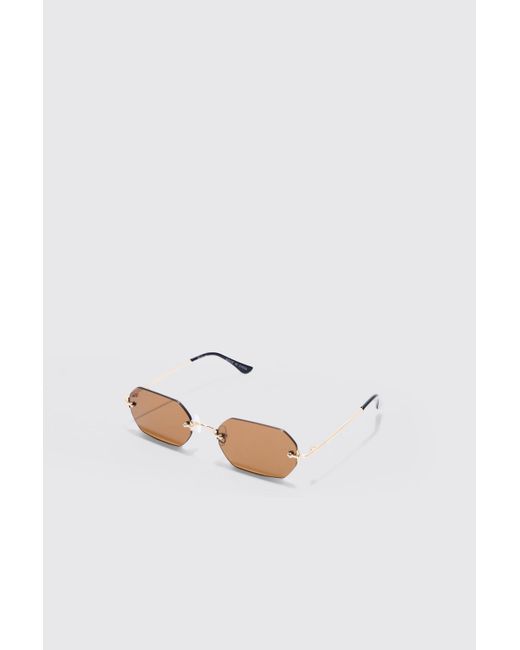 BoohooMAN White Hexagonal Rimless Sunglasses for men