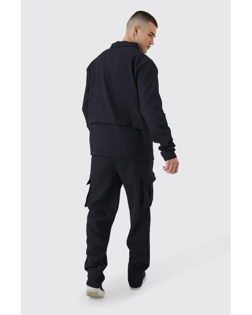 BoohooMAN Blue Tall Pleated Zip Shirt & Elasticated Straight Cargo Set for men