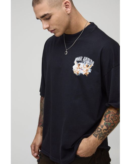 Camiseta Oversize Negra Desteñida Con Estampado De Querubín Renacentista Boohoo de color Blue