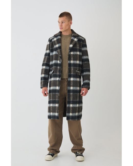 BoohooMAN Blue Brushed Plaid Overcoat for men