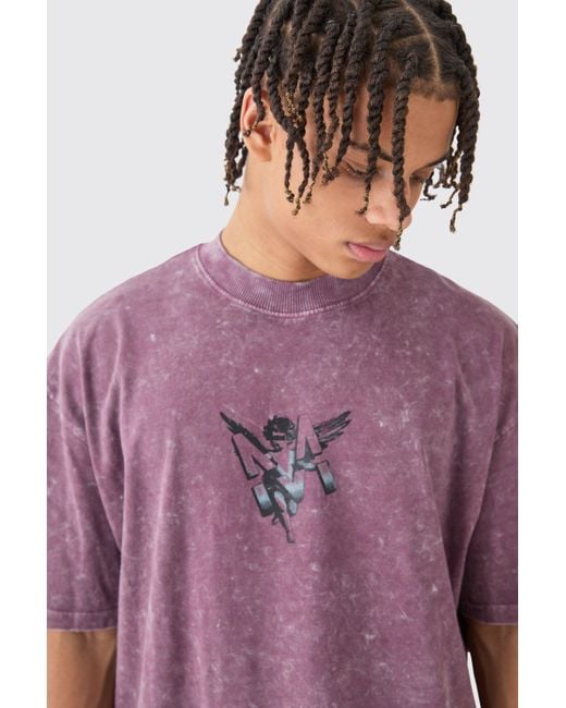 BoohooMAN Oversized Boxy Extended Neck Acid Wash M Graphic T-shirt in Purple für Herren