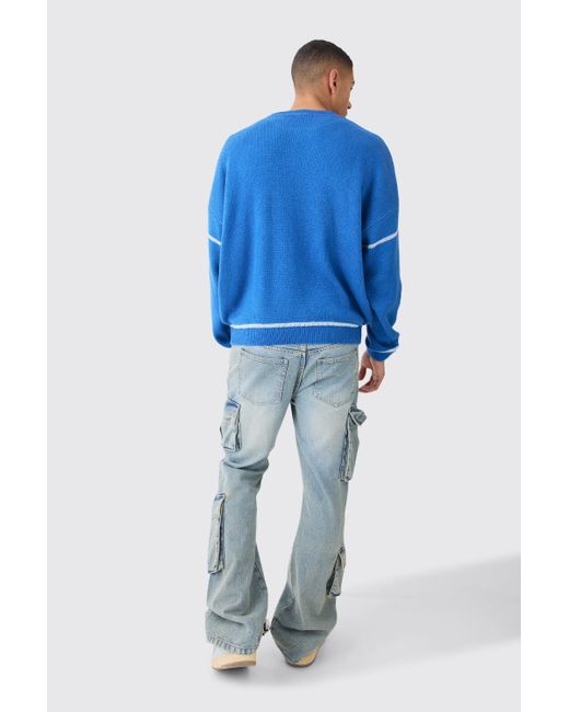 BoohooMAN Blue Oversized Boxy Brushed Contrast Stitch Knit Jumper for men