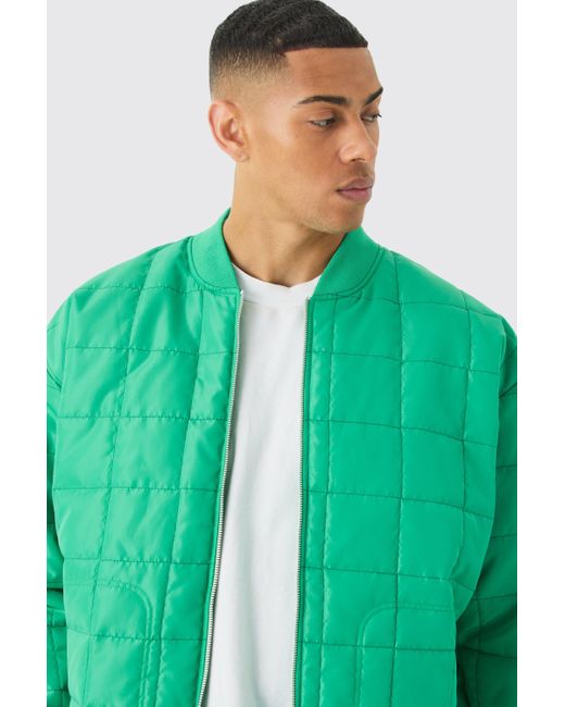 BoohooMAN Green Square Quilted Oversized Pocket Bomber Jacket for men