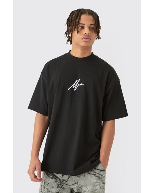BoohooMAN Black Oversized Extended Neck Flock Printed T-shirt for men