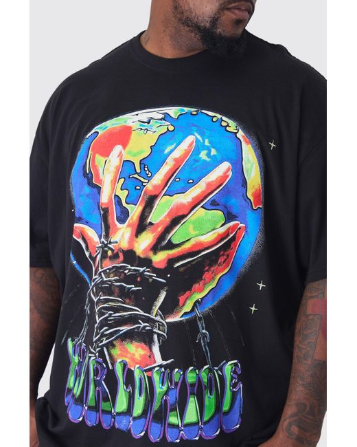 BoohooMAN Blue Plus Worldwide Hands Print Oversized T-Shirt for men