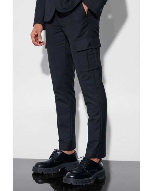 BoohooMAN Skinny Fit Cargo Suit Trousers in Black für Herren