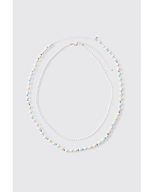 BoohooMAN White Layered Pearl Chain for men