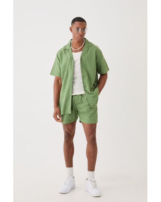 BoohooMAN Green Short Sleeve Oversized Linen Shirt & Short for men