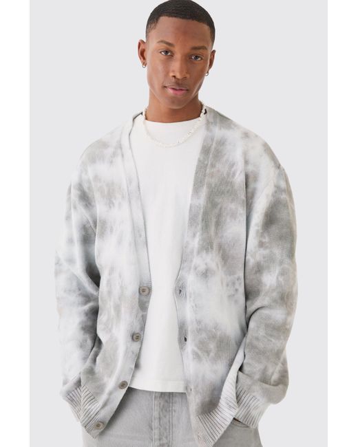 BoohooMAN Gray Oversized Washed Knitted Cardigan In Stone for men