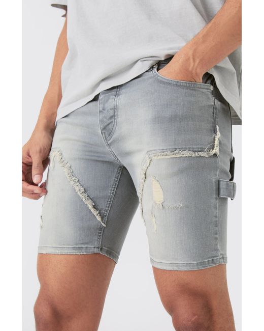 BoohooMAN Blue Skinny Stretch Ripped Carpenter Denim Shorts In Antique Grey for men