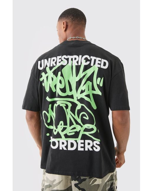 BoohooMAN Green Oversized Extended Neck Graffiti Print T-shirt for men