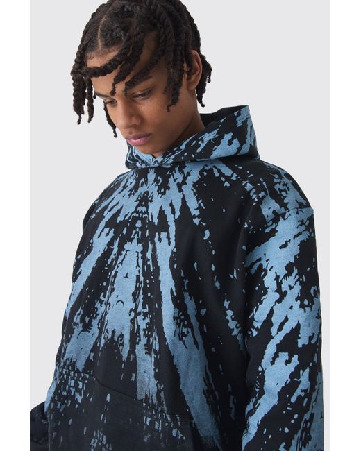 BoohooMAN Blue Oversized Loopback Printed Raw Edge Hoodie for men