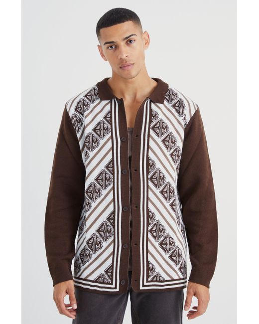 BoohooMAN Brown Long Sleeve Rib Collar Jacquard Knit Shirt for men