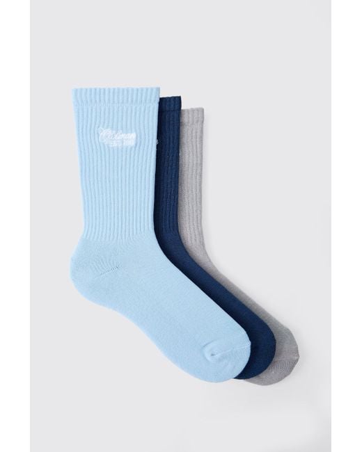 Pack De 3 Pares De Calcetines Deportivos Con Bordado Man Y Rayas BoohooMAN de color Blue