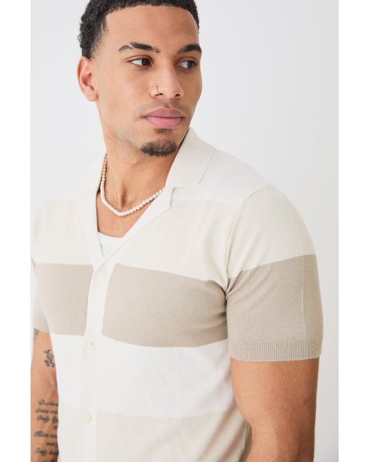 BoohooMAN White Short Sleeve Revere Stripe Knitted Shirt for men