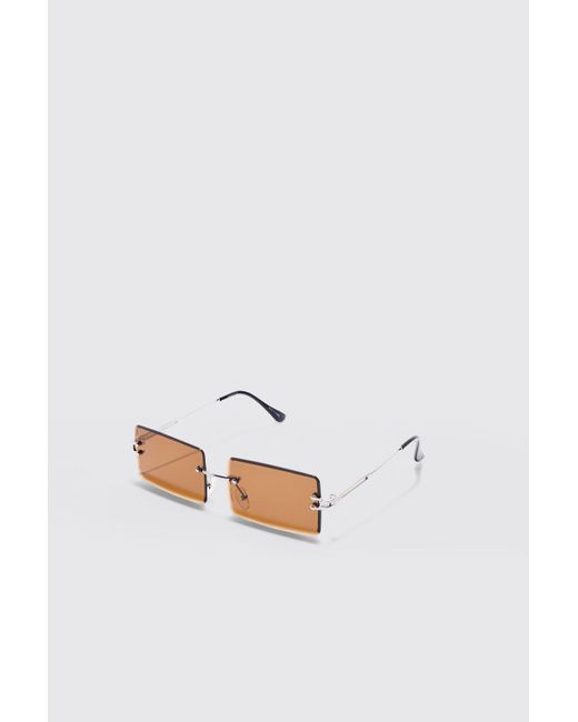 BoohooMAN White Rimless Rectangular Sunglasses for men