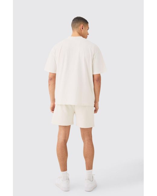 BoohooMAN White Oversized Extended Neck Heavyweight Tshirt & Shorts Set for men