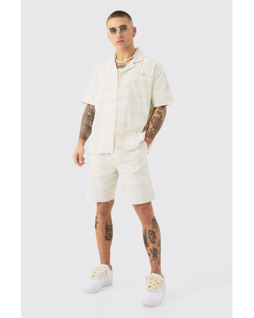 BoohooMAN White Oversized Short Sleeve Open Weave Shirt & Short Set for men