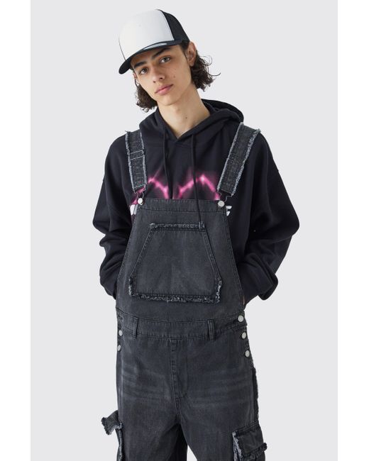BoohooMAN Blue Relaxed Frayed Egde Dungaree for men