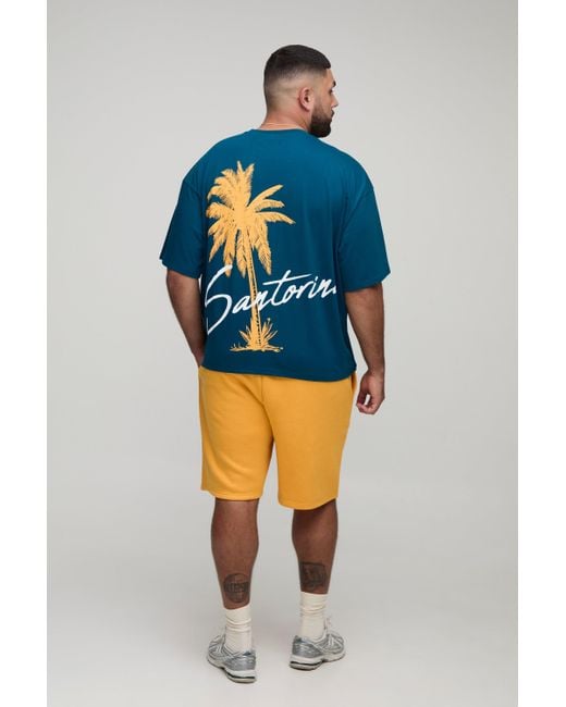BoohooMAN Plus kastiges Oversize T-Shirt mit Santorini Print in Blue für Herren