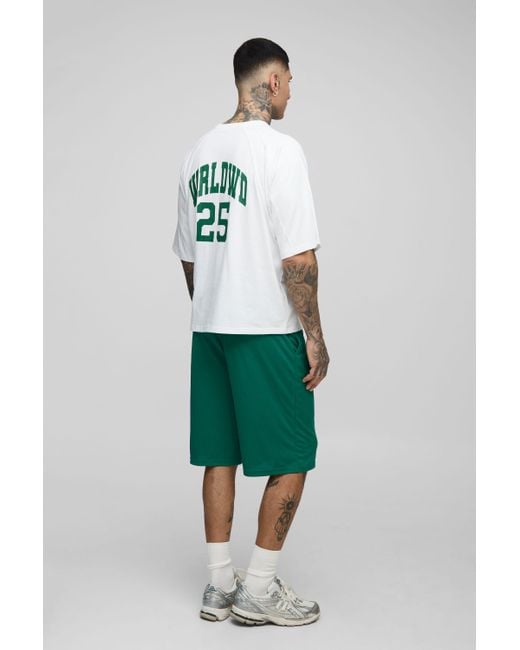 BoohooMAN Green Tall Oversized Boxy Worldwide Varsity Panel Print T-Shirt & Basketball Short Set for men